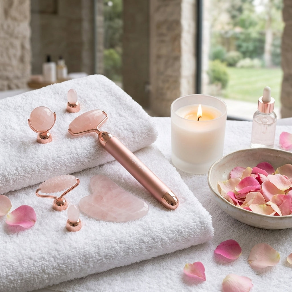 Set cu Dispozitiv Electric cu Vibratii pentru Masaj Facial si Accesorii din Cuart Roz