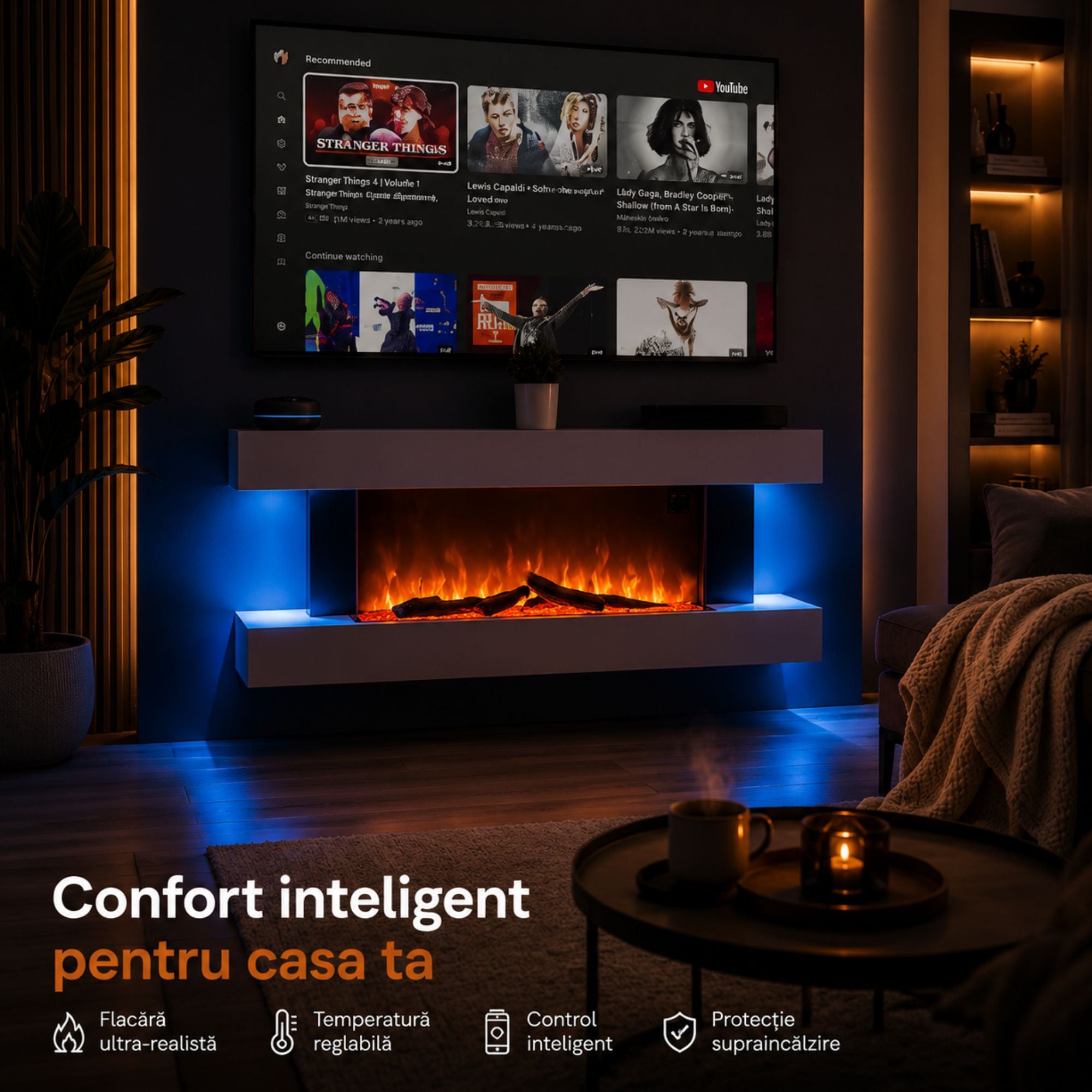 Semineu Electric Safecare Alb cu Sunet, WI-FI incorporat, 7 culori si 5 niveluri de intensitate a flacarilor (5201WERBA)