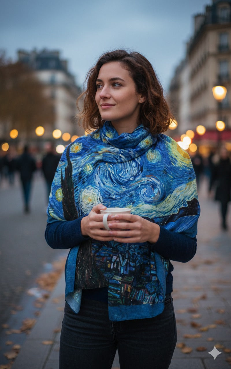 Esarfa Van Gogh „Starry Night” 180x70 cm, Silk Touch, Design Artistic Elegant