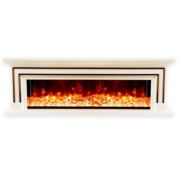 Semineu Electric din Lemn Masiv Stejar Alb Ivory cu Insertii Bronz Aurii, Telecomanda
