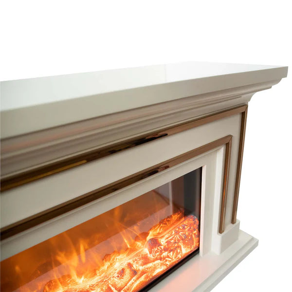 Semineu Electric din Lemn Masiv Stejar Alb Ivory cu Insertii Bronz Aurii, Telecomanda