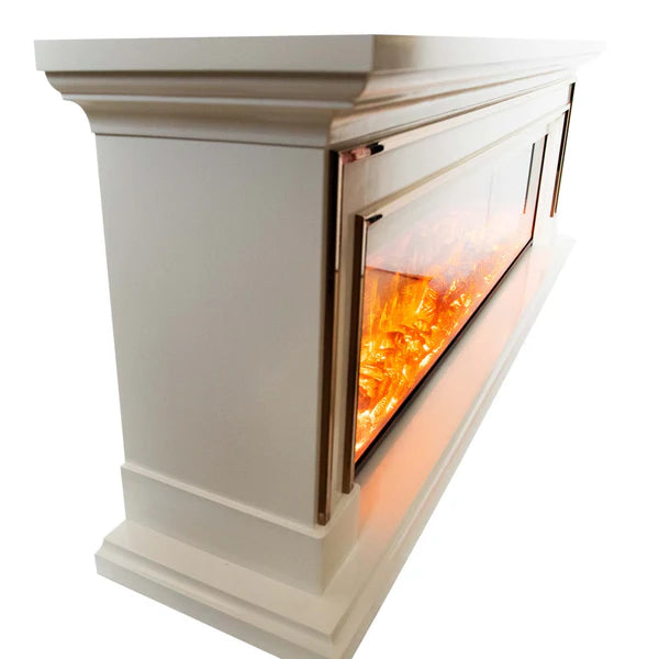 Semineu Electric din Lemn Masiv Stejar Alb Ivory cu Insertii Bronz Aurii, Telecomanda