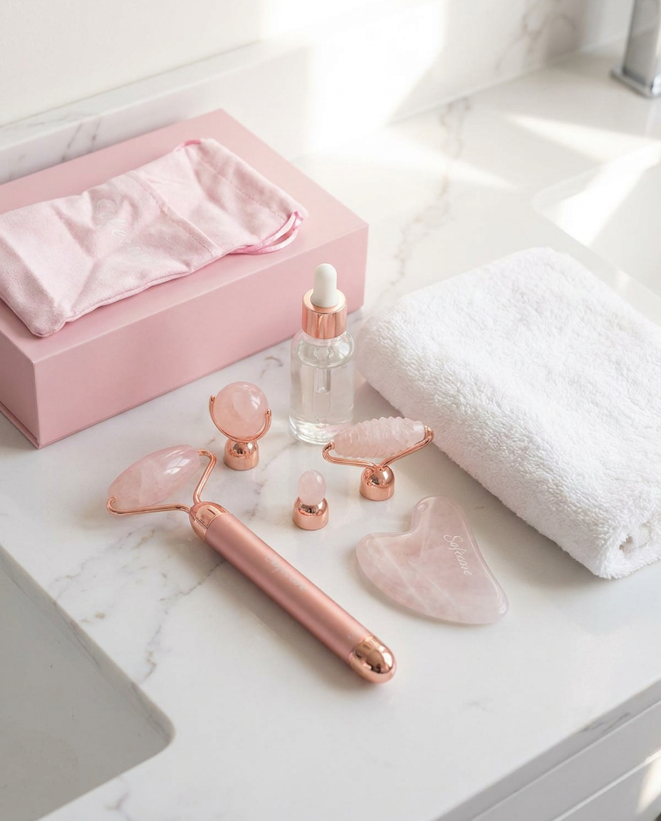 Set masaj facial cu vibratii si accesorii din cuart roz, lifestyle dimineata