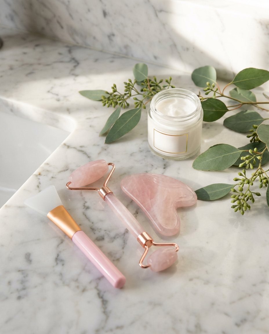 Set roller, gua sha si pensula din cuart roz, aranjament lifestyle pe blat de marmura