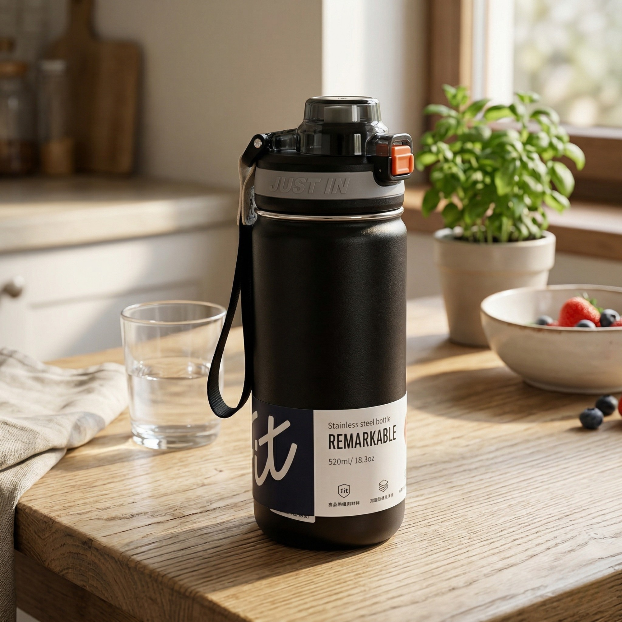 Sticla Termos din Inox cu Capac Flip-top si Pai, 520 ml, Mesaj FIT, Negru