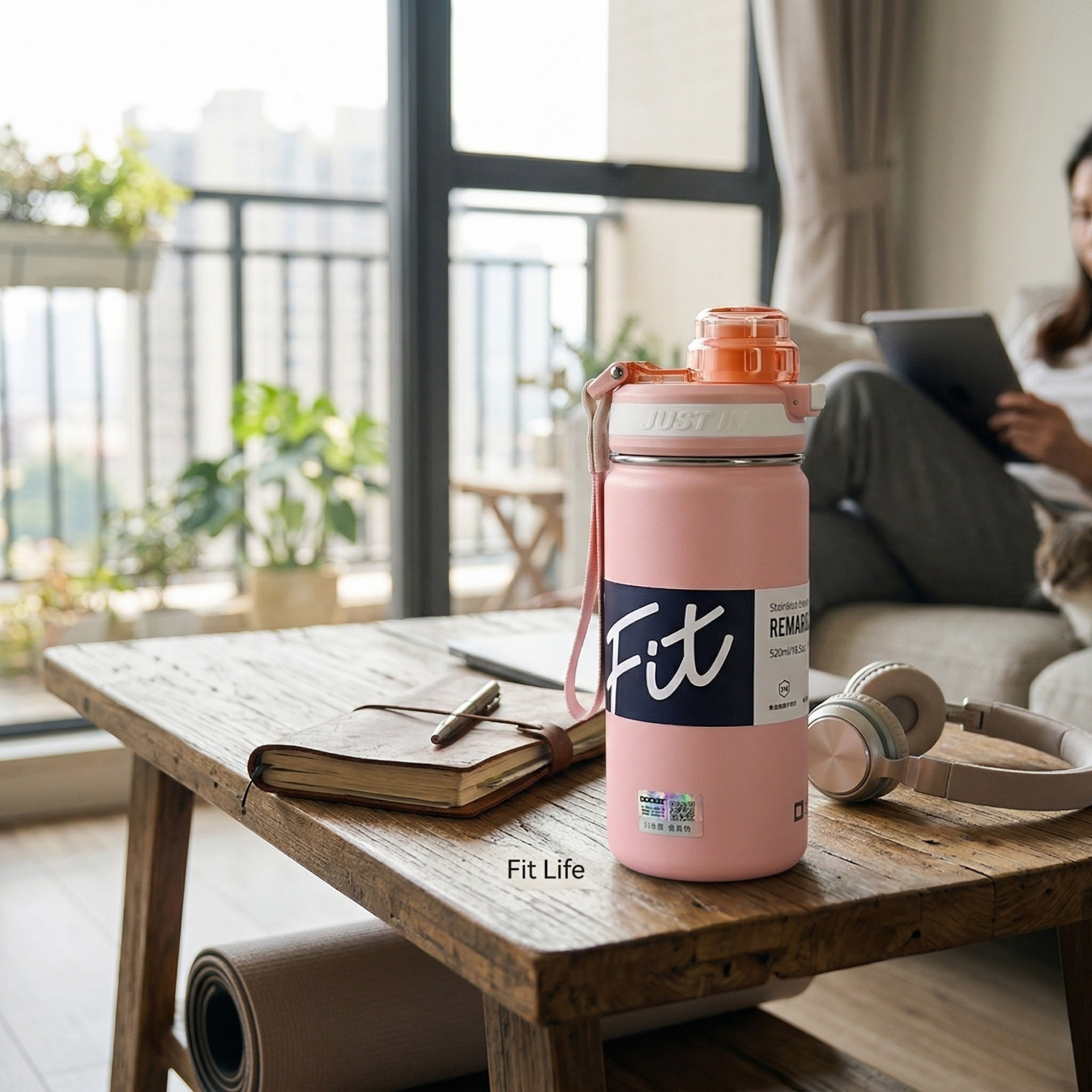 Sticla Termos din Inox cu Capac Flip-top si Pai, 520 ml, Mesaj FIT, Roz