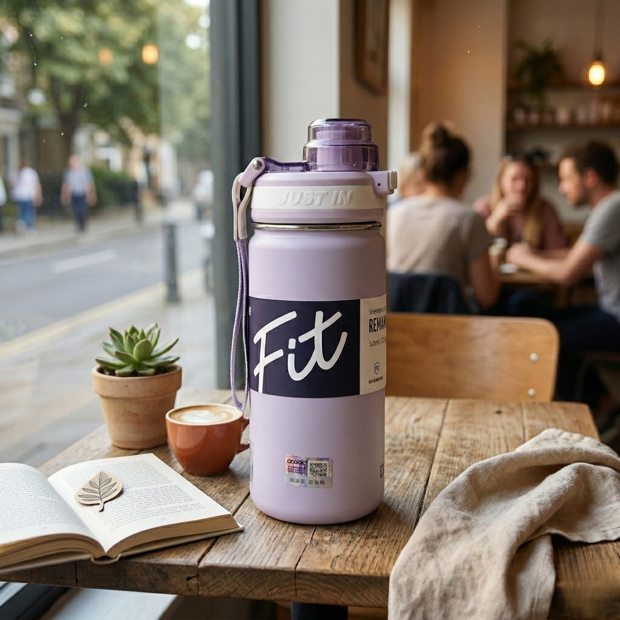Sticla Termos din Inox cu Capac Flip-top si Pai, 650 ml, Mesaj FIT, Violet