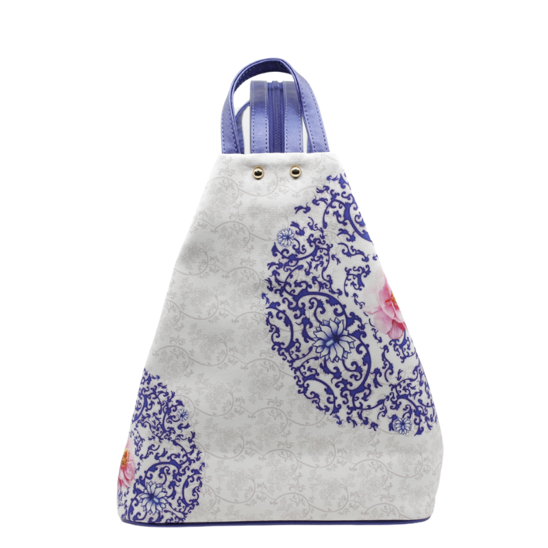 Geanta Dama de Mana/Umar/Rucsac din Piele Ecologica si Material Textil, Model Blue Flower