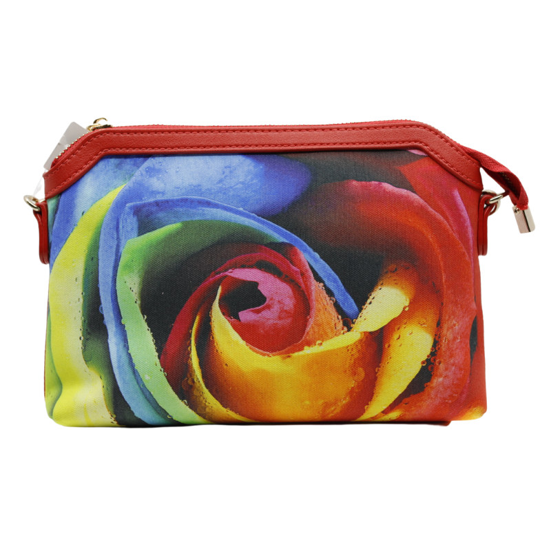Geanta Dama de Mana/Umar din Piele Ecologica cu Material Textil, Model Rainbow Rose