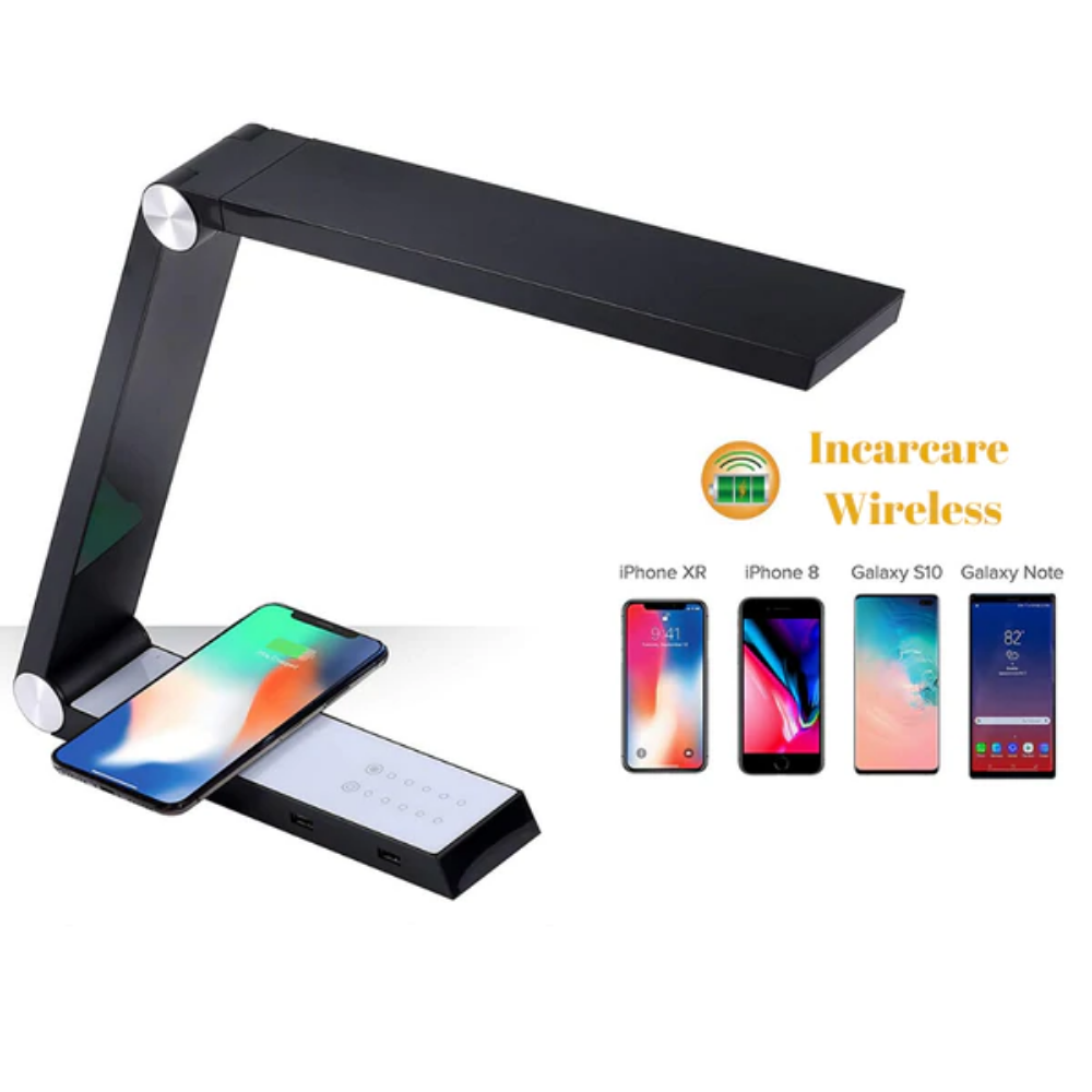 Lampa LED de Birou, Incarcare Wireless Smartphone, Panou Touch cu 5 Nivele de Selectare a Luminii si 2 Porturi USB