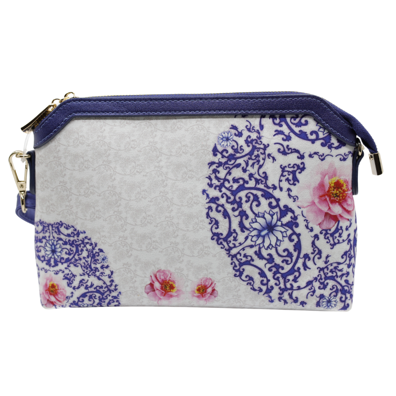 Geanta Dama de Mana/Umar din Piele Ecologica cu Material Textil, Model Blue Flower