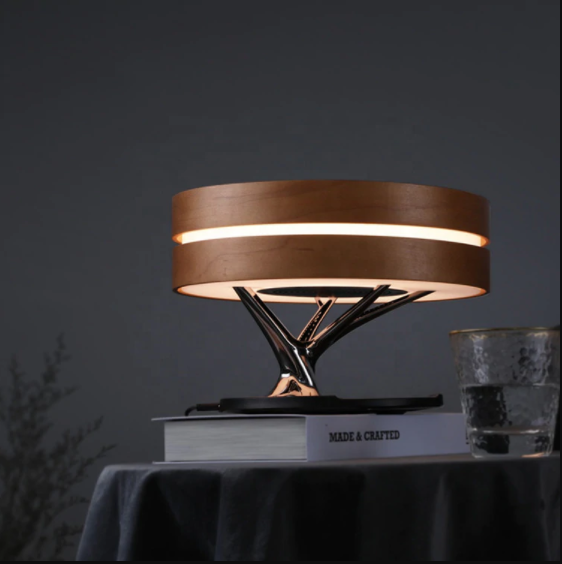 Lampa LED de Birou din Lemn de Cires, cu Incarcator Wireless si Boxa Bluetooth