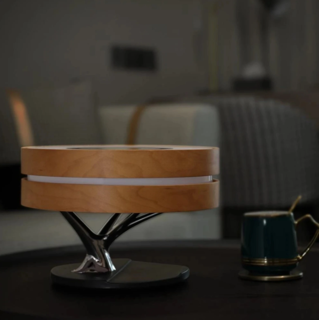 Lampa LED de Birou din Lemn de Cires, cu Incarcator Wireless si Boxa Bluetooth