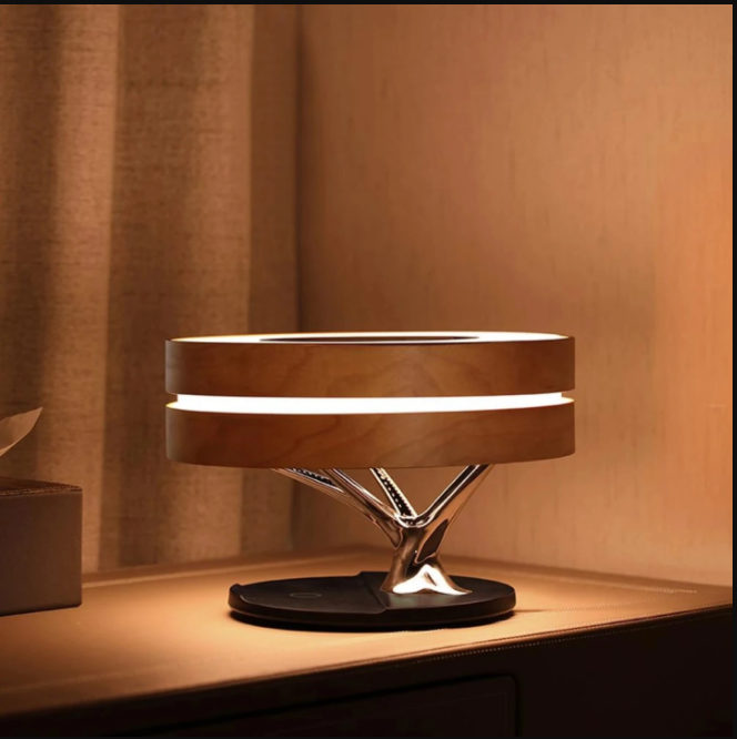 Lampa LED de Birou din Lemn de Cires, cu Incarcator Wireless si Boxa Bluetooth