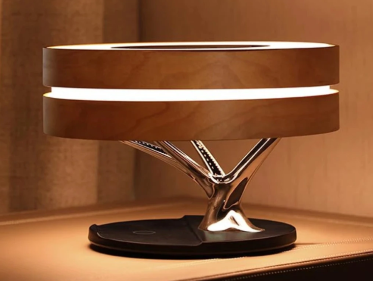 Lampa LED de Birou din Lemn de Cires, cu Incarcator Wireless si Boxa Bluetooth