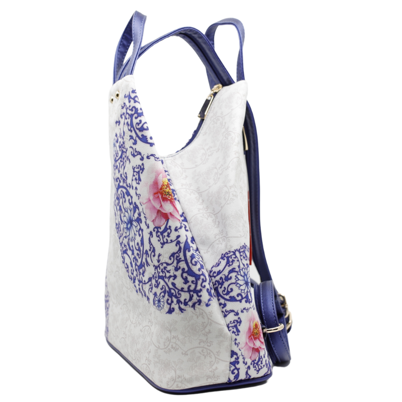Geanta Dama de Mana/Umar/Rucsac din Piele Ecologica si Material Textil, Model Blue Flower