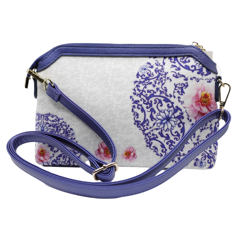 Geanta Dama de Mana/Umar din Piele Ecologica cu Material Textil, Model Blue Flower