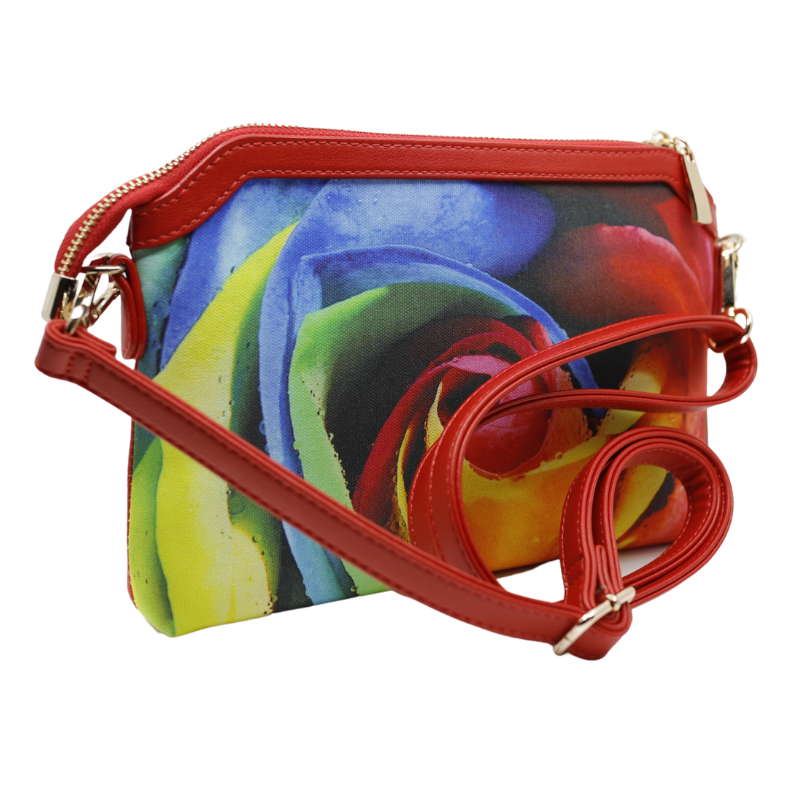 Geanta Dama de Mana/Umar din Piele Ecologica cu Material Textil, Model Rainbow Rose