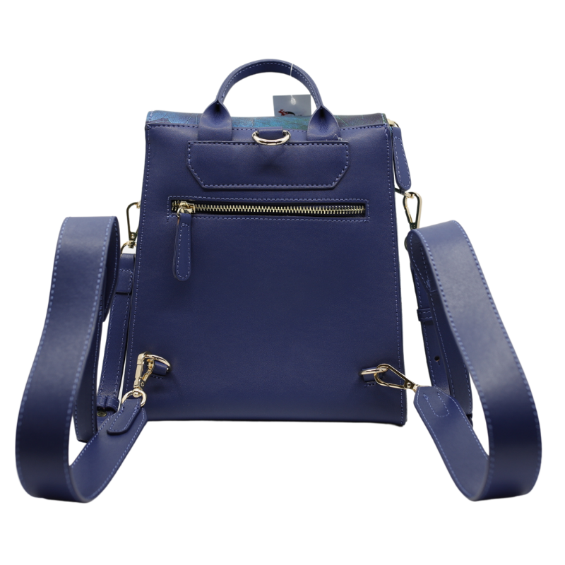 Geanta Dama de Mana/Umar/Rucsac din Piele Ecologica si Matase Naturala, model Lotus Albastra