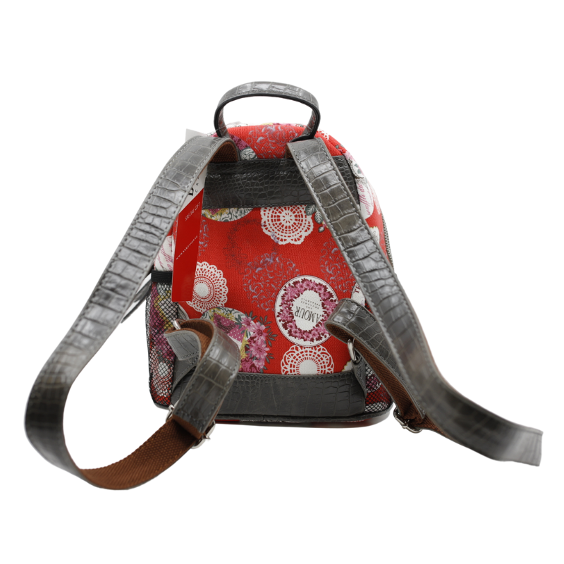 Rucsac Dama din Material Textil si Piele Ecologica, Imprimeu Red Pattern