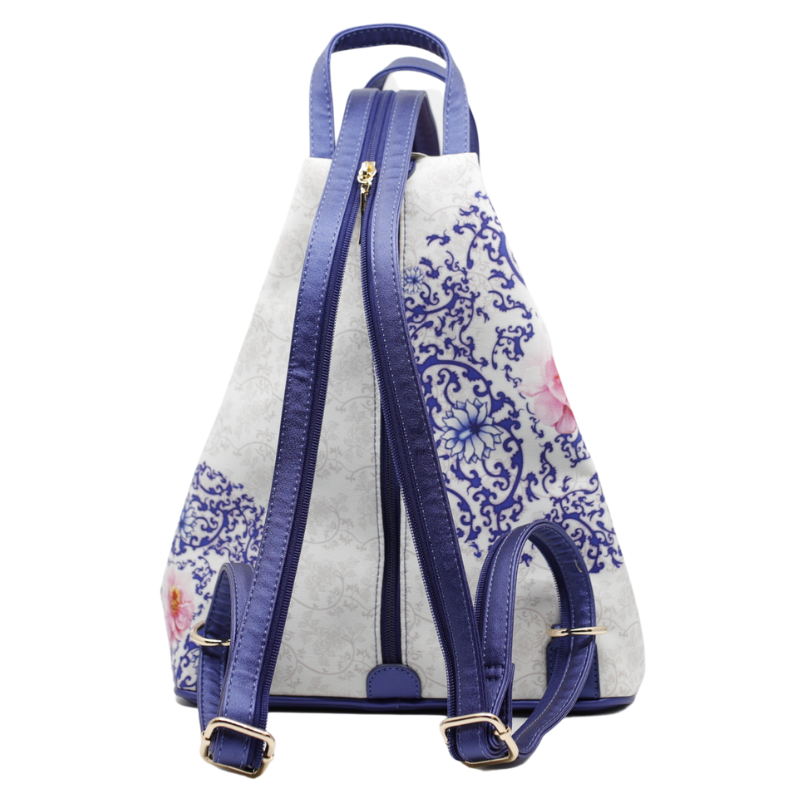 Geanta Dama de Mana/Umar/Rucsac din Piele Ecologica si Material Textil, Model Blue Flower