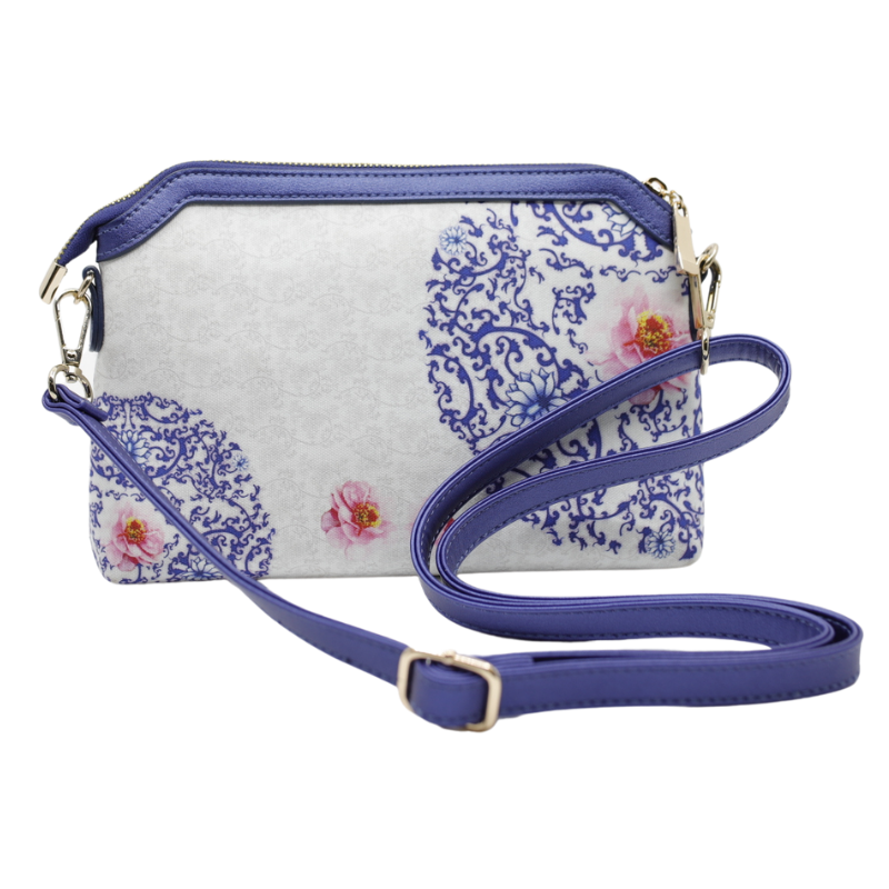 Geanta Dama de Mana/Umar din Piele Ecologica cu Material Textil, Model Blue Flower