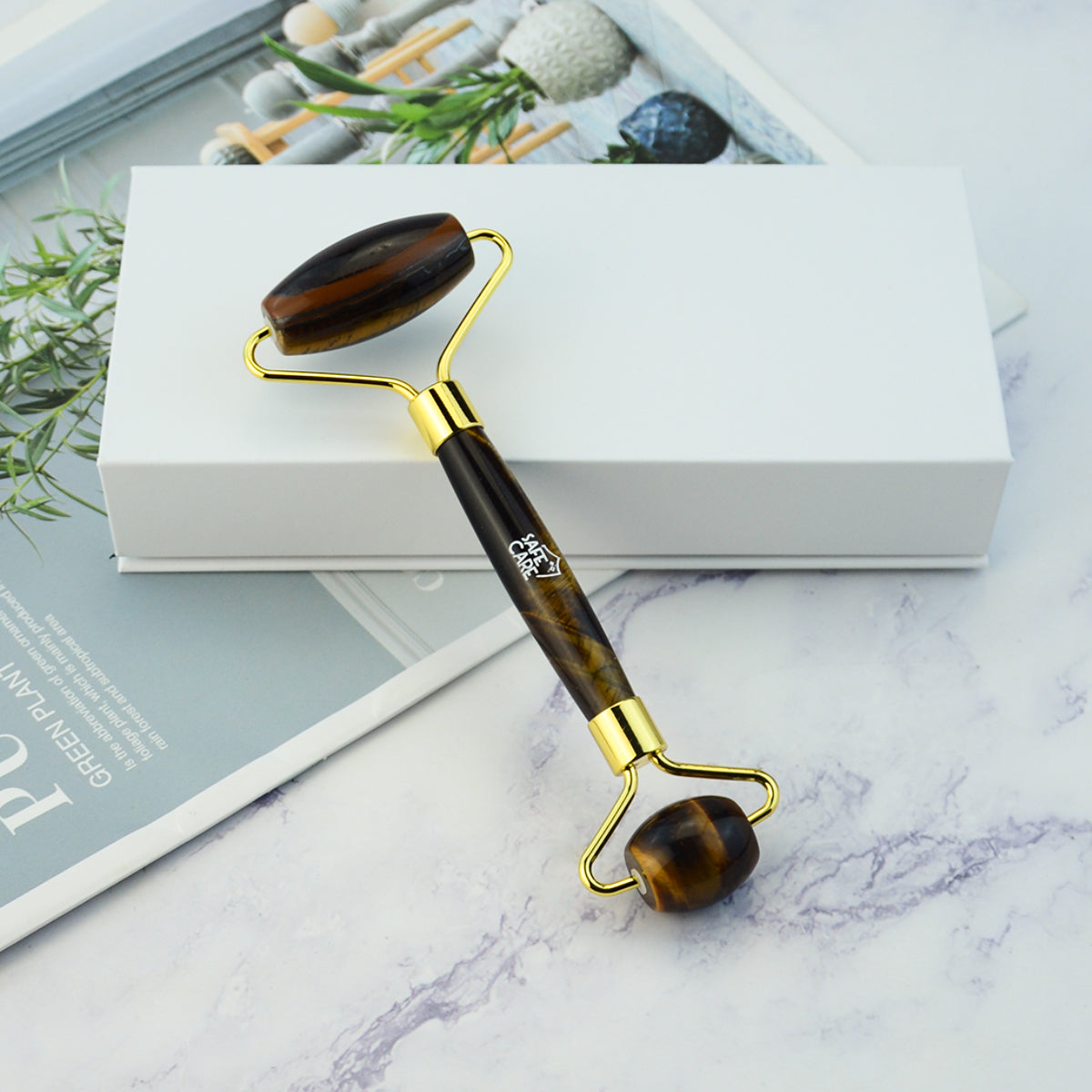 Roller Dublu pentru Masaj Facial din Piatra Naturala Ochi de Tigru