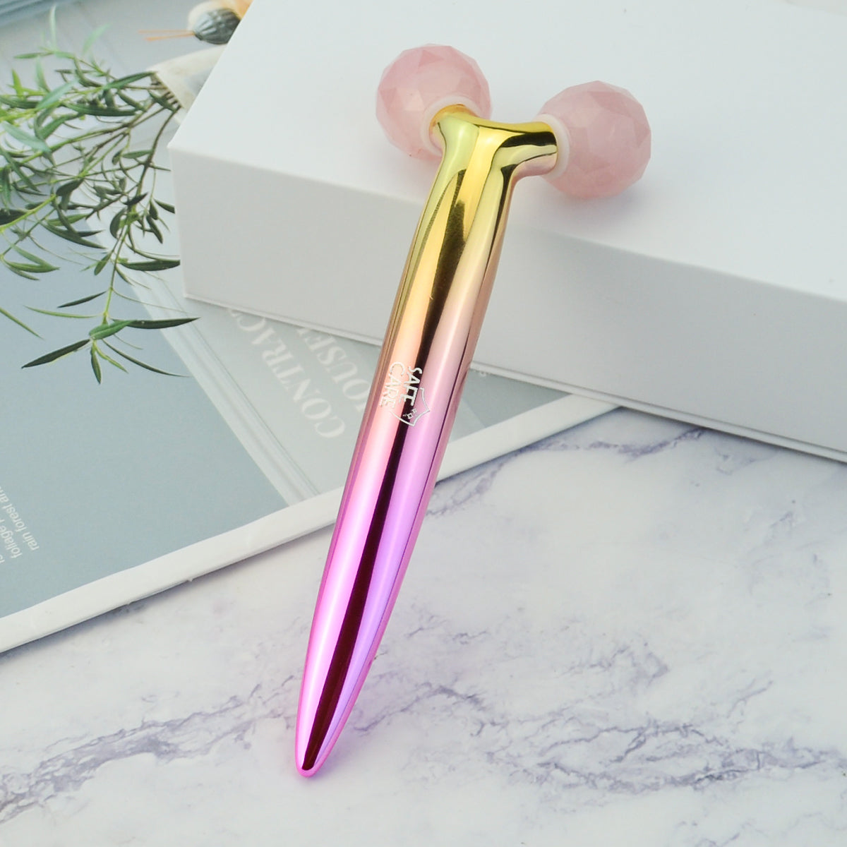 Roller 3D Masaj Facial, Lifting Facial din Piatra Naturala de Quart Roz in Forma de Y