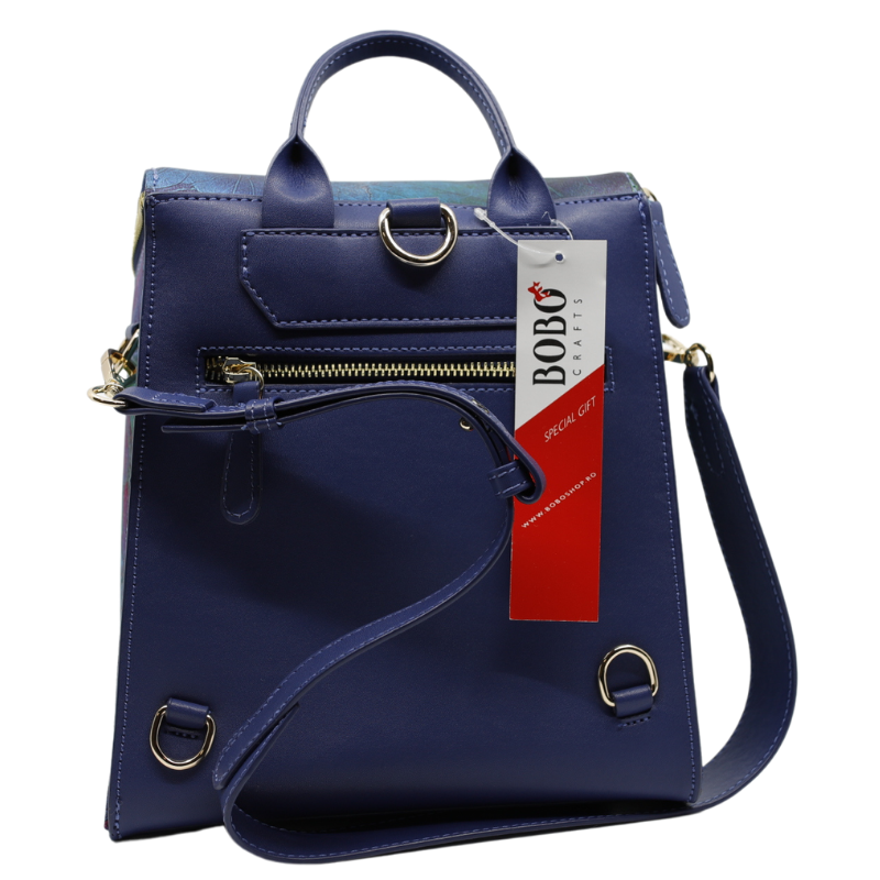 Geanta Dama de Mana/Umar/Rucsac din Piele Ecologica si Matase Naturala, model Lotus Albastra