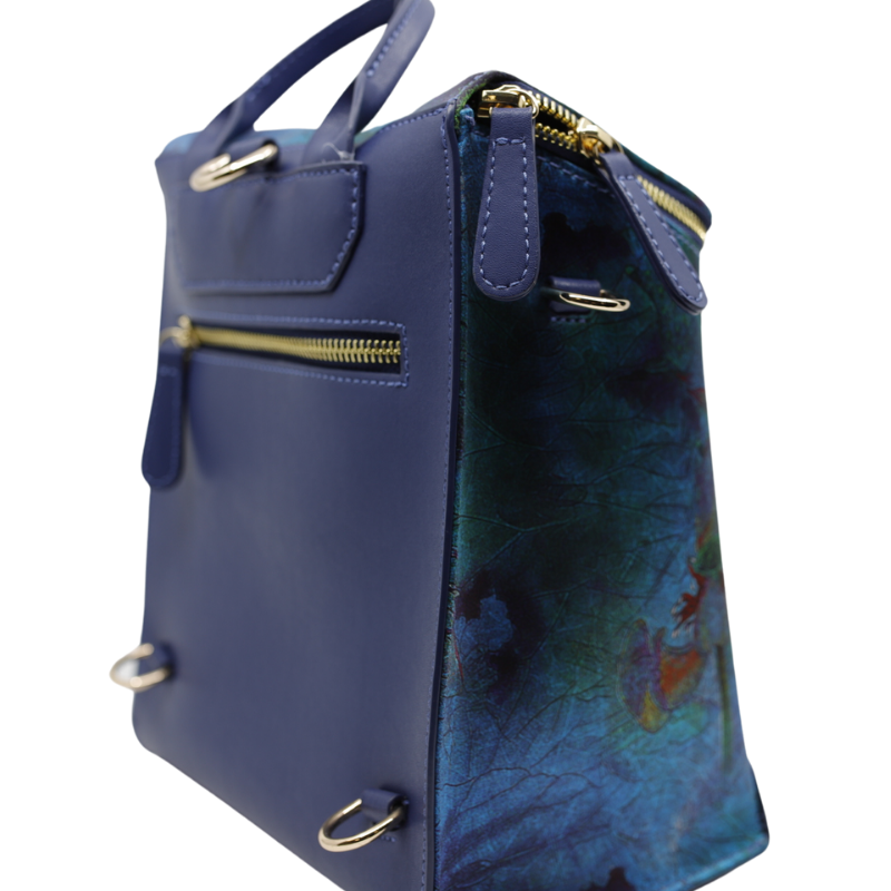 Geanta Dama de Mana/Umar/Rucsac din Piele Ecologica si Matase Naturala, model Lotus Albastra