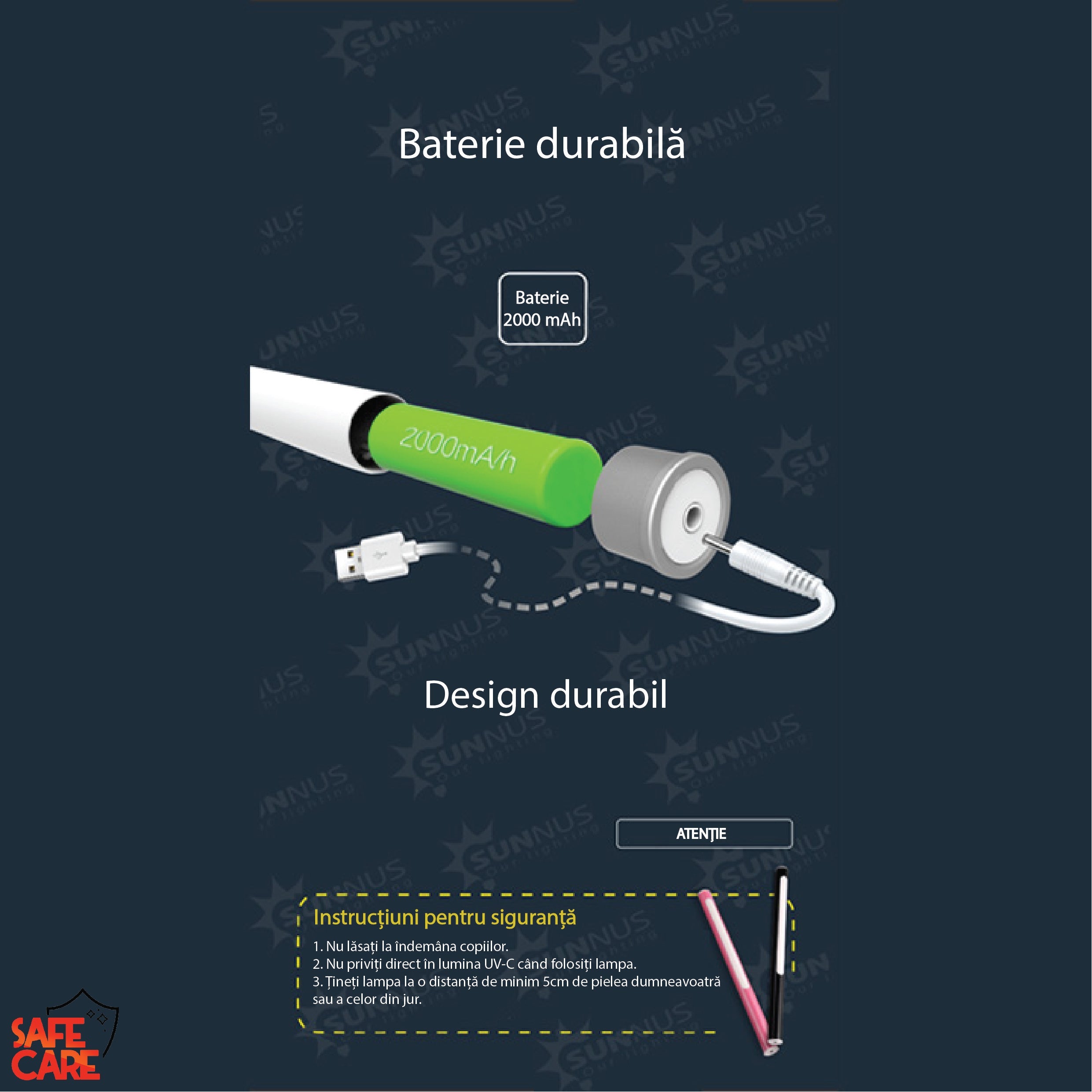 Lampa UVC Stick fara Ozon, pentru Dezinfectie, din Aluminiu, Potrivita pentru Calatorii - Safecare