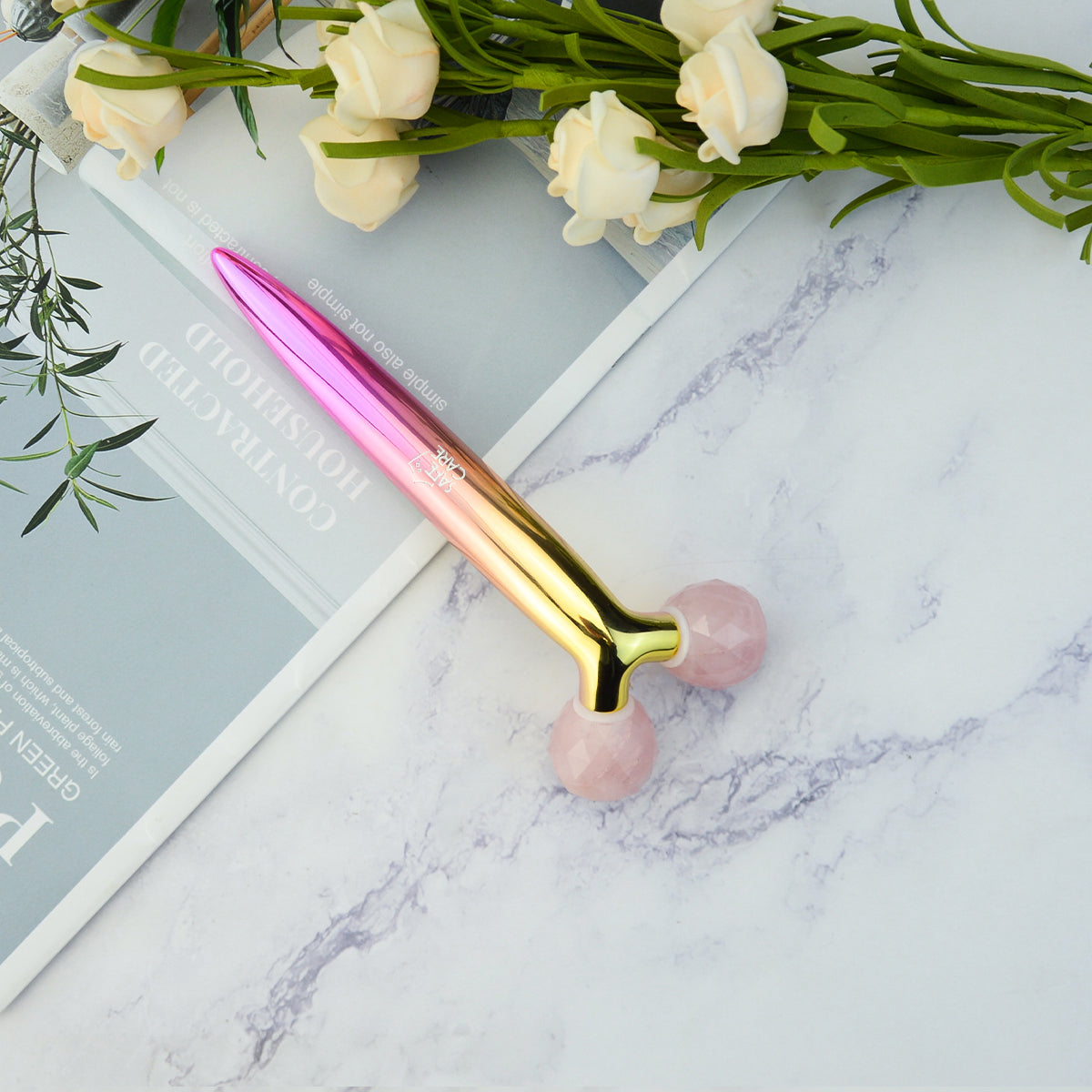 Roller 3D Masaj Facial, Lifting Facial din Piatra Naturala de Quart Roz in Forma de Y