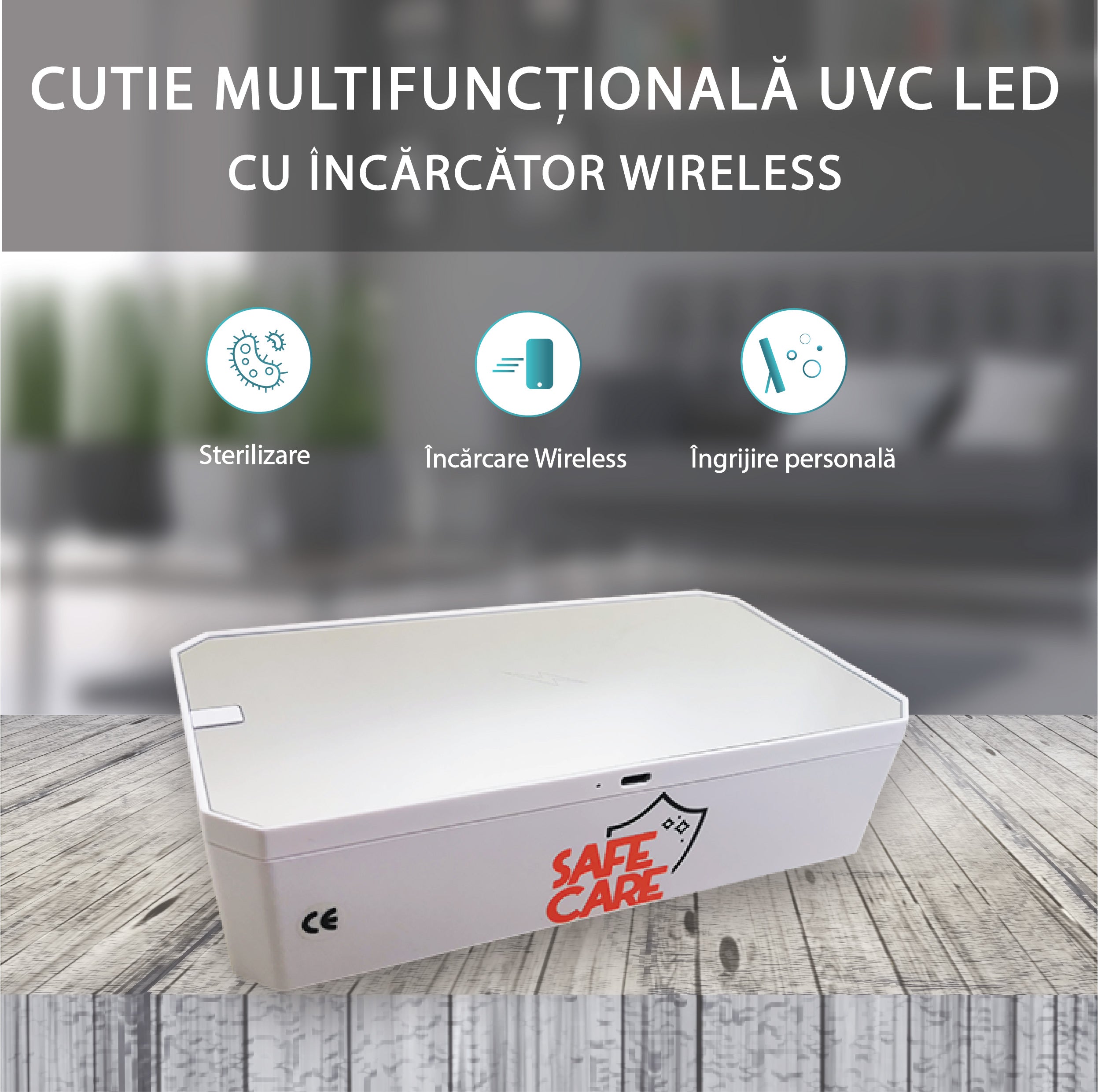 Cutie multifunctionala 4 in 1, Dezinfectare UVC, oglinda make-up, incarcator wireless 10W, alb - Safecare