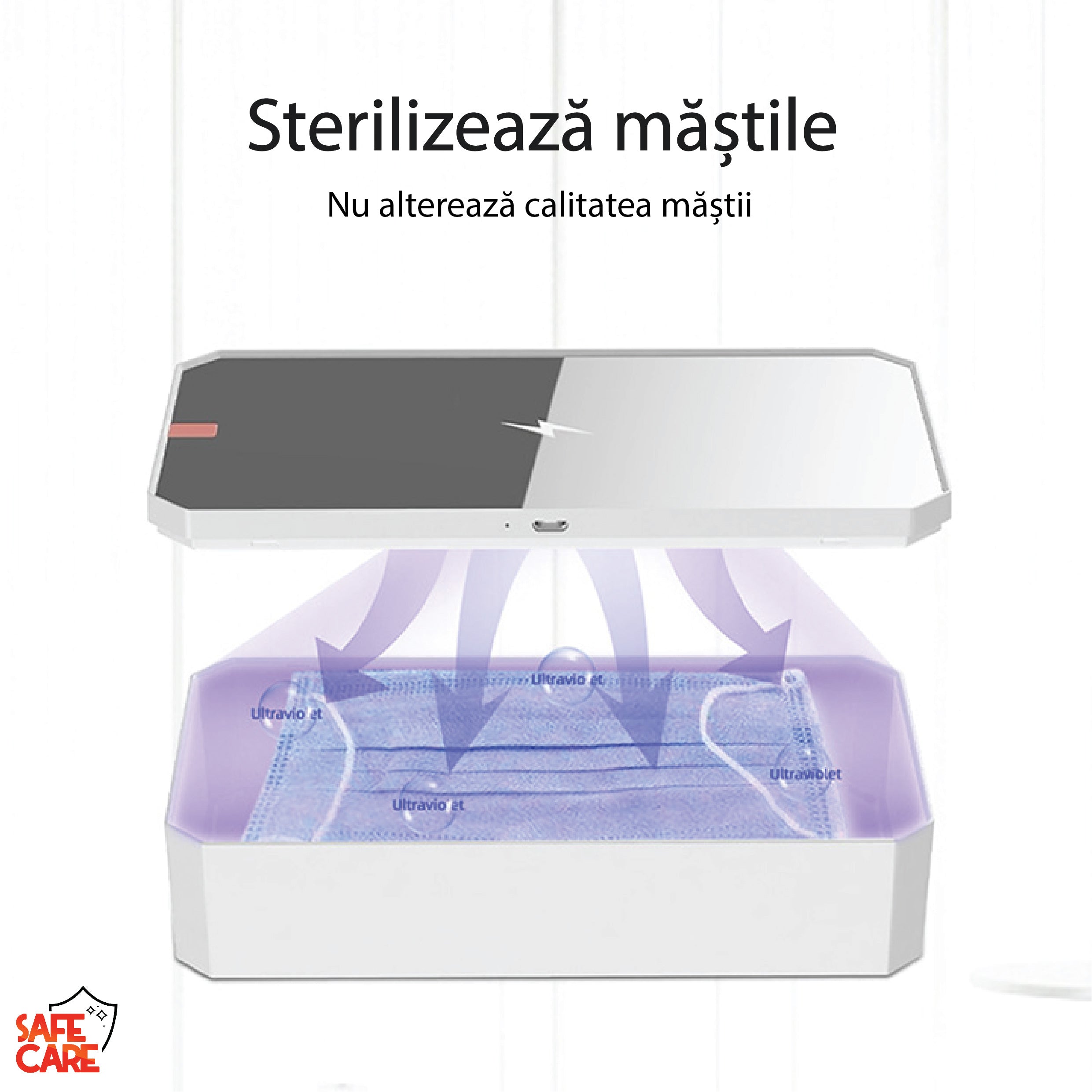 Cutie multifunctionala 4 in 1, Dezinfectare UVC, oglinda make-up, incarcator wireless 10W, alb - Safecare