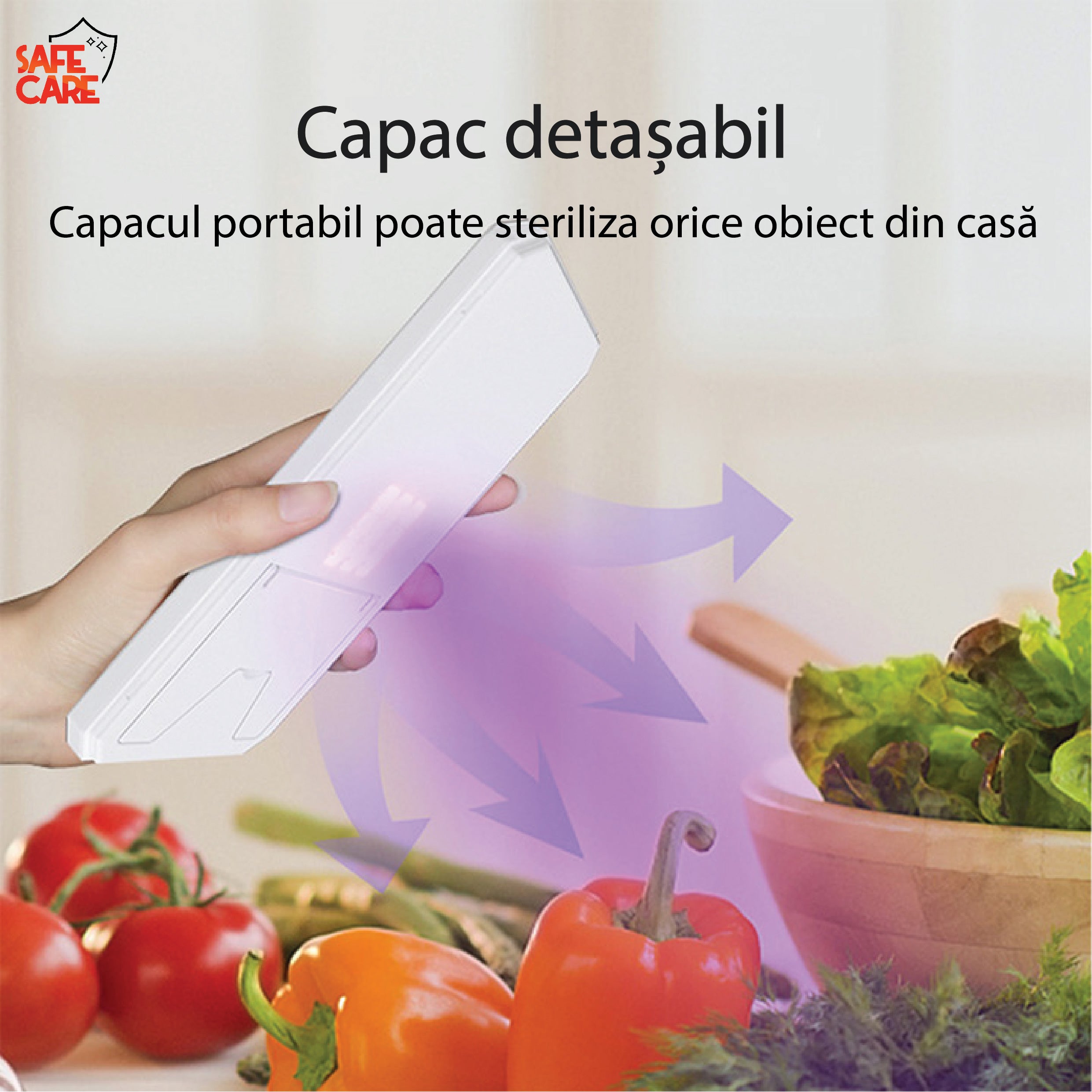 Cutie multifunctionala 4 in 1, Dezinfectare UVC, oglinda make-up, incarcator wireless 10W, alb - Safecare