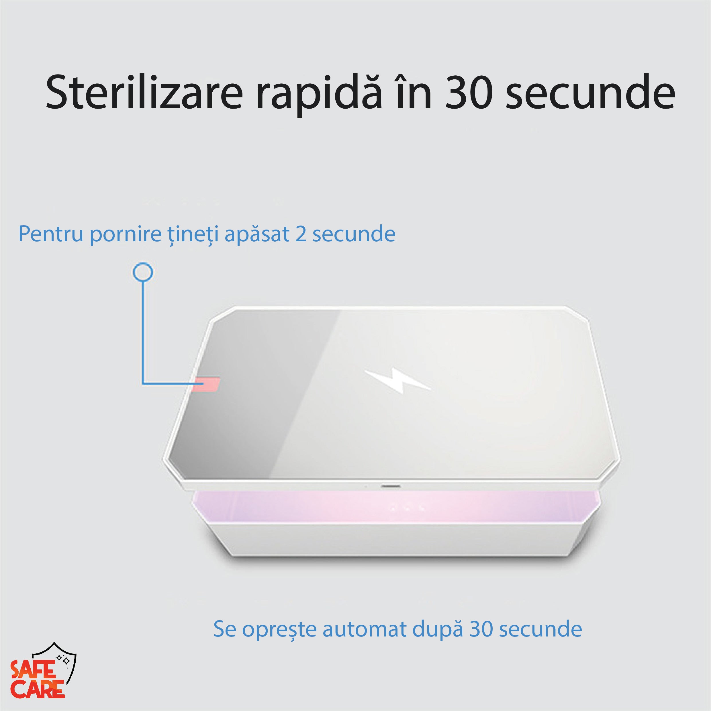 Cutie multifunctionala 4 in 1, Dezinfectare UVC, oglinda make-up, incarcator wireless 10W, alb - Safecare