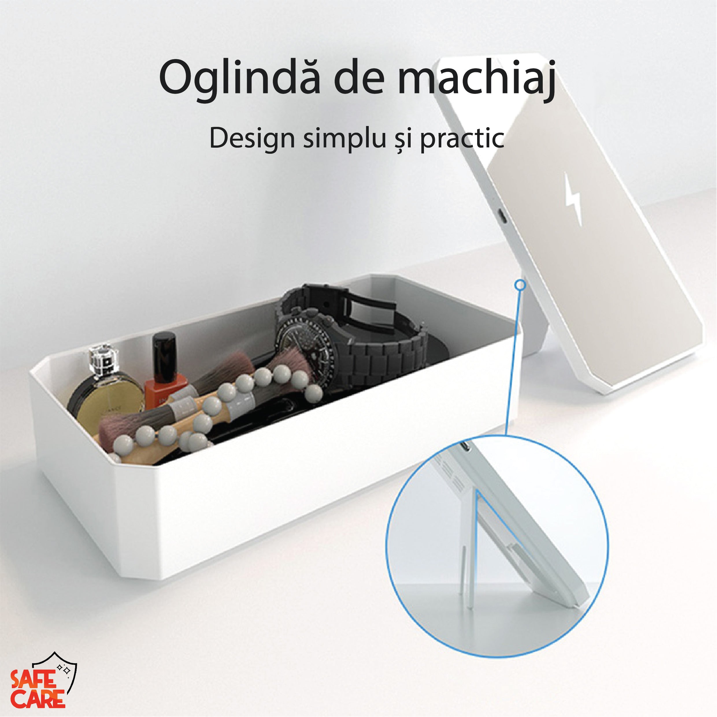 Cutie multifunctionala 4 in 1, Dezinfectare UVC, oglinda make-up, incarcator wireless 10W, alb - Safecare