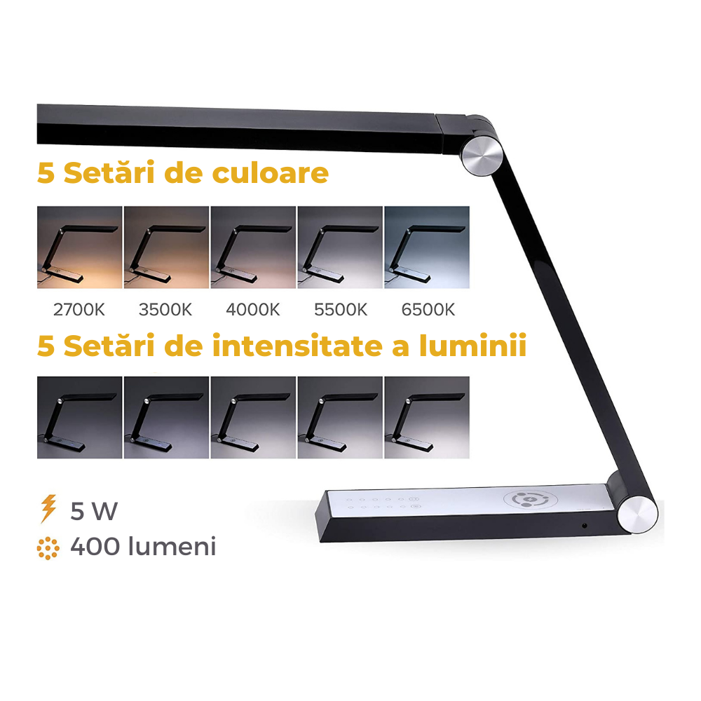 Lampa LED de Birou, Incarcare Wireless Smartphone, Panou Touch cu 5 Nivele de Selectare a Luminii si 2 Porturi USB