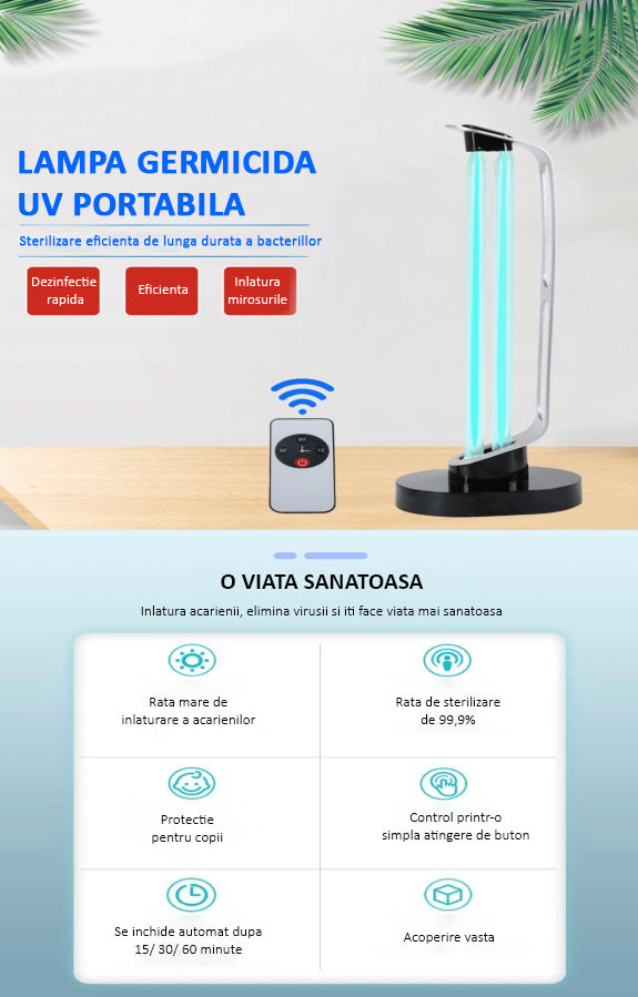 Lampa UVC Dezinfectanta, fara Ozon, cu telecomanda, senzor de prezenta si pornire intarziata - 38W - 40MP - Safecare