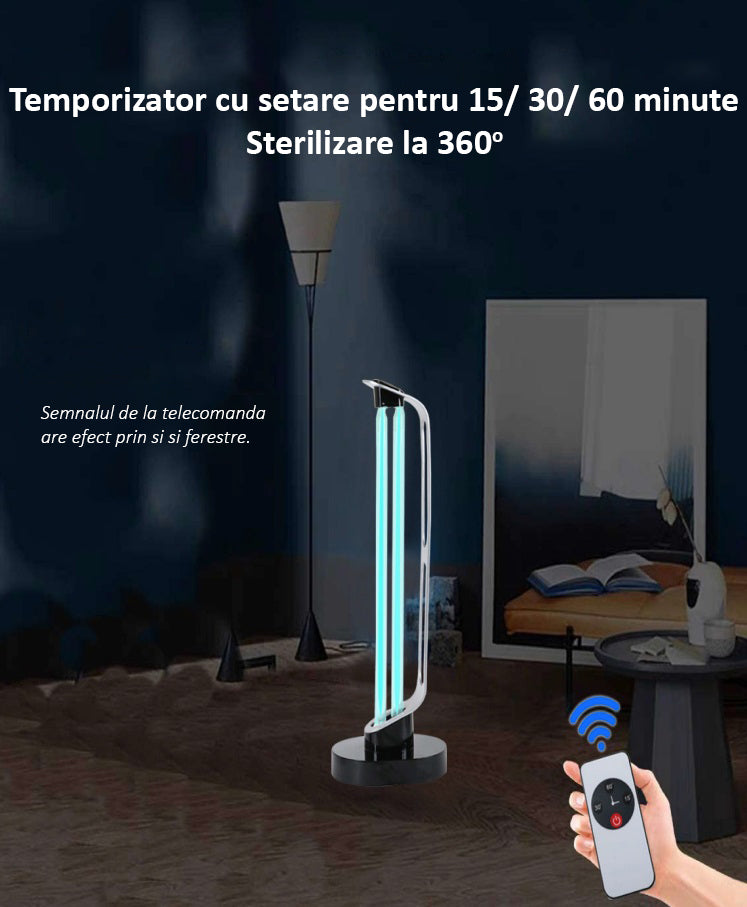 Lampa UVC Dezinfectanta, fara Ozon, cu telecomanda, senzor de prezenta si pornire intarziata - 38W - 40MP - Safecare
