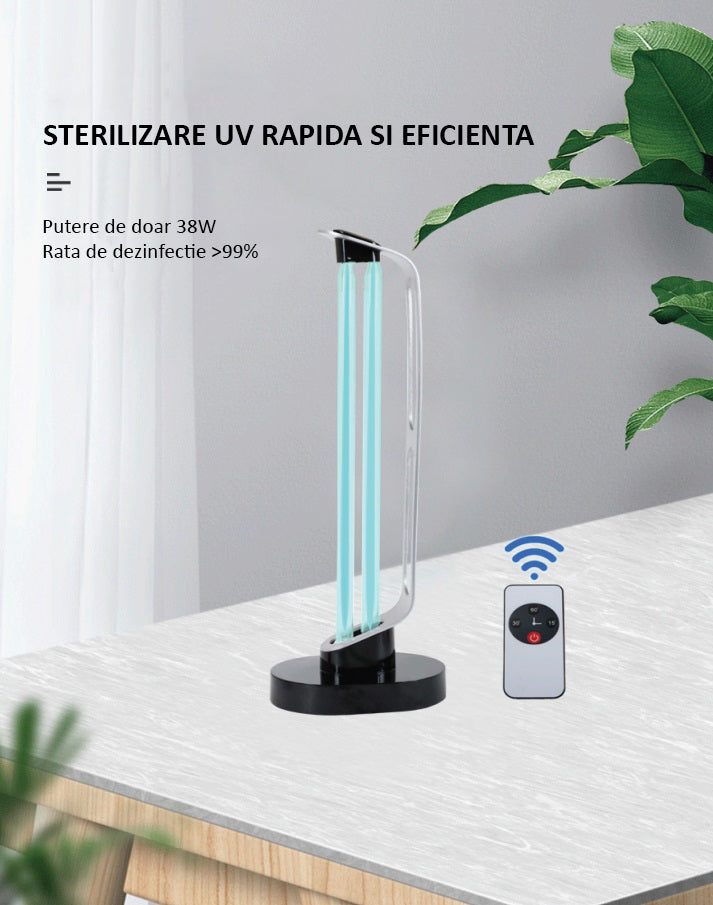 Lampa UVC Dezinfectanta, fara Ozon, cu telecomanda, senzor de prezenta si pornire intarziata - 38W - 40MP - Safecare