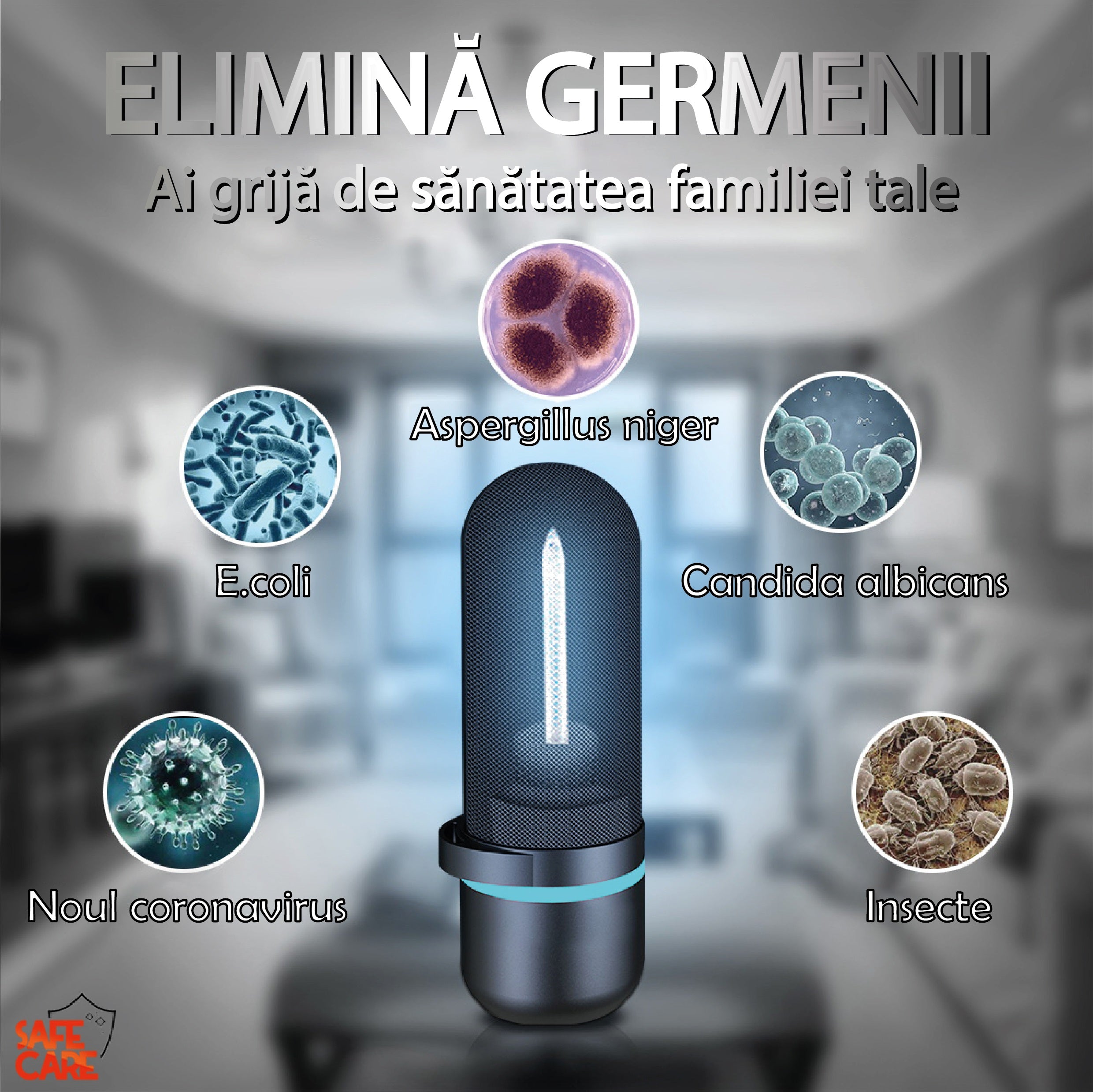 Lampa bactericida portabila cu UVC si Ozon, dubla sterilizare, 2.5W - 5MP - Safecare