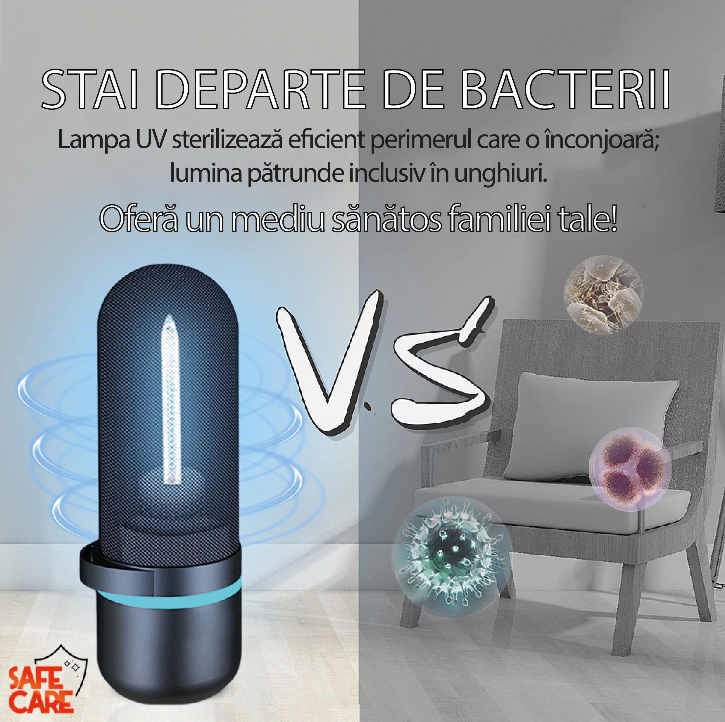 Lampa bactericida portabila cu UVC si Ozon, dubla sterilizare, 2.5W - 5MP - Safecare