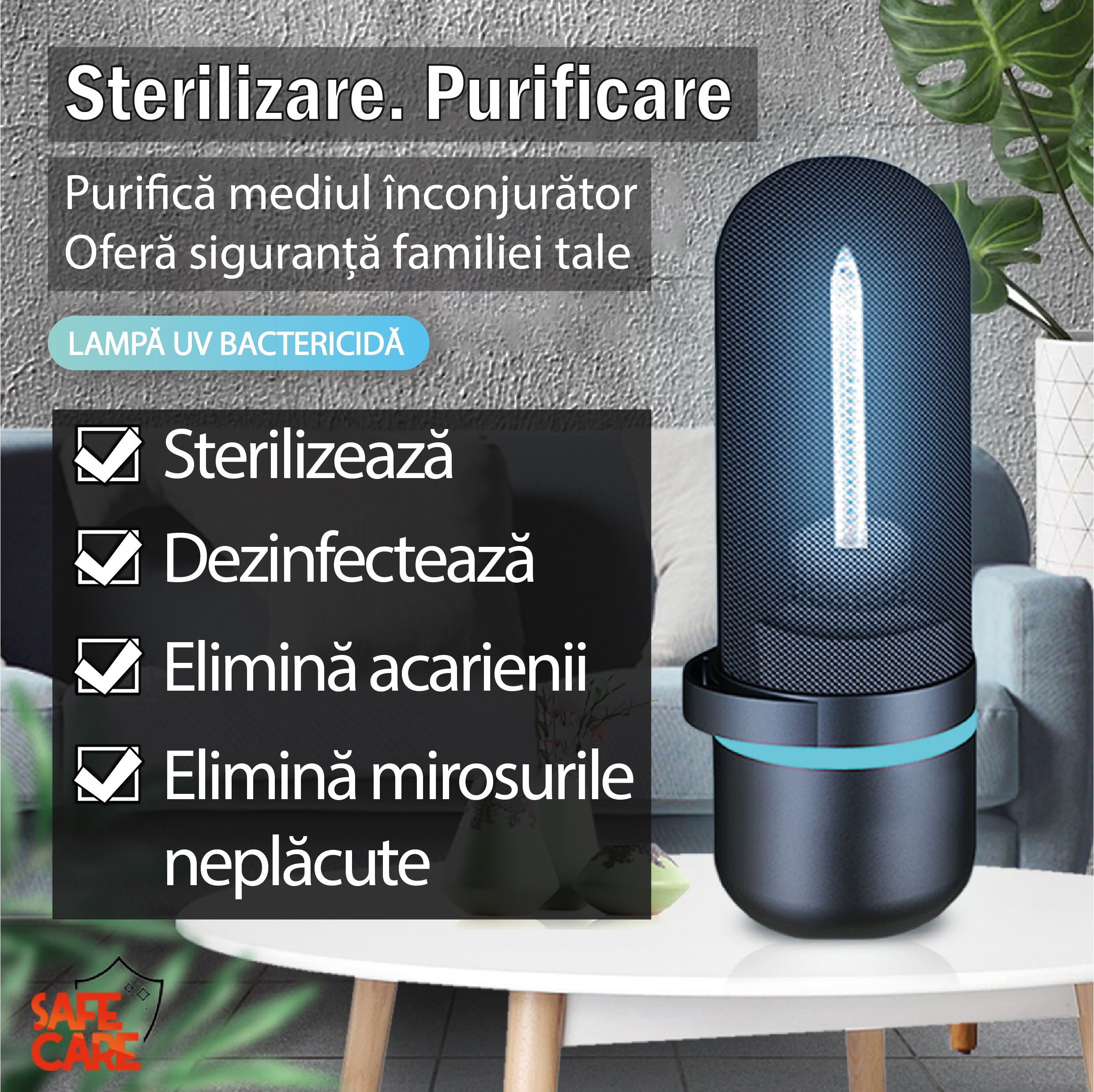 Lampa bactericida portabila cu UVC si Ozon, dubla sterilizare, 2.5W - 5MP - Safecare