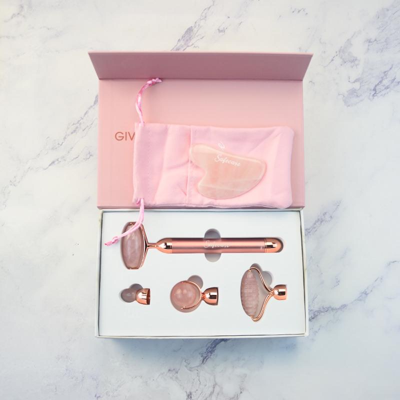 Set cu Dispozitiv Electric cu Vibratii pentru Masaj Facial si Accesorii din Cuart Roz