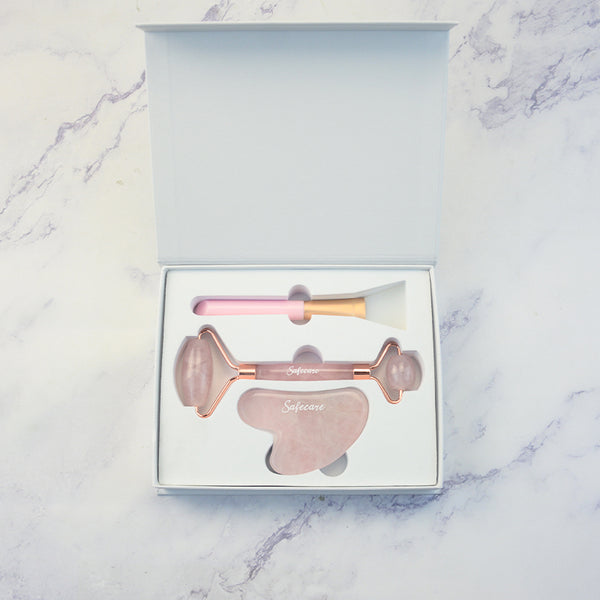 Set Roller, Aplicator Crema si Piatra Gua Sha din Cuart Roz pentru Masaj Facial