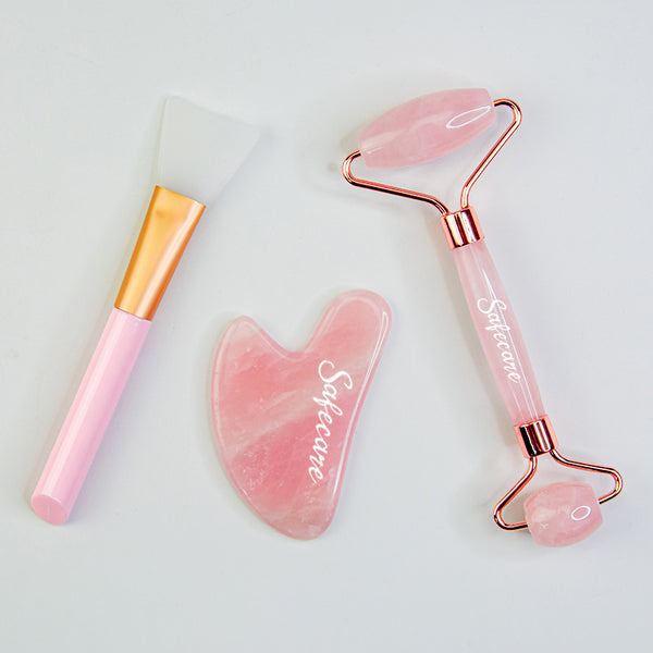 Set Roller, Aplicator Crema si Piatra Gua Sha din Cuart Roz pentru Masaj Facial