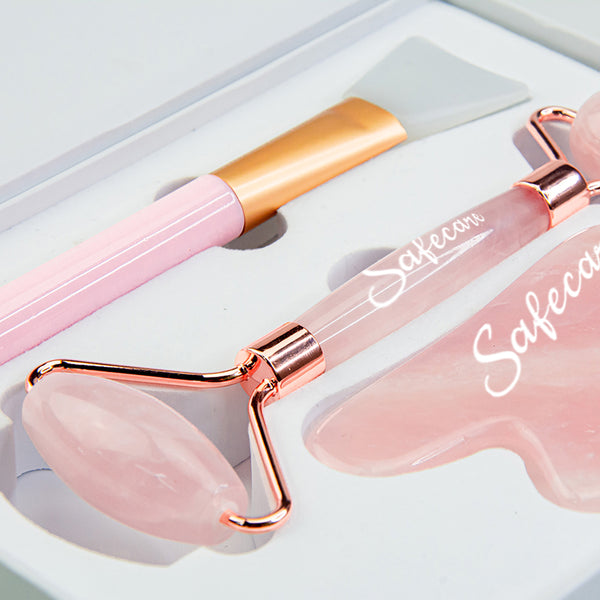 Set Roller, Aplicator Crema si Piatra Gua Sha din Cuart Roz pentru Masaj Facial