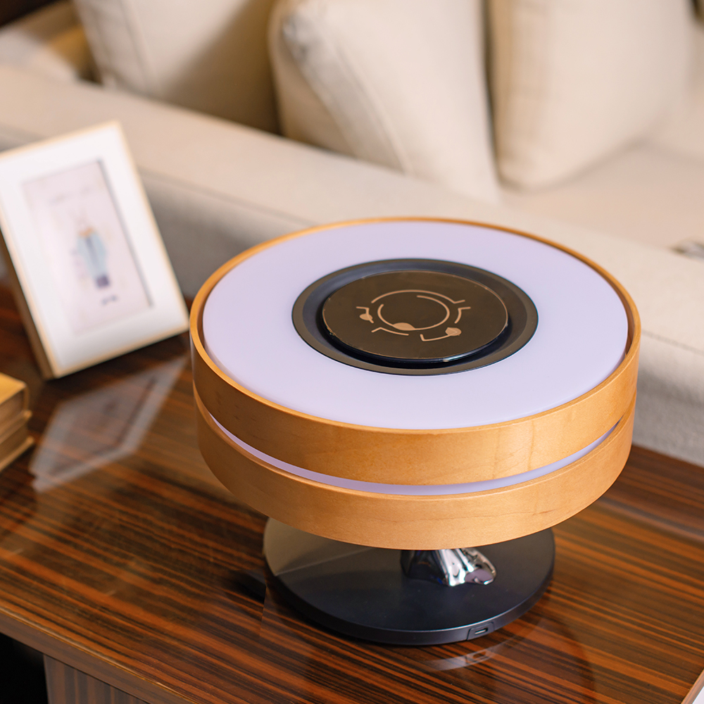 Lampa LED de Birou din Lemn de Cires, cu Incarcator Wireless si Boxa Bluetooth