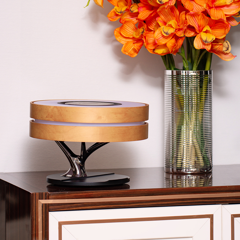 Lampa LED de Birou din Lemn de Cires, cu Incarcator Wireless si Boxa Bluetooth